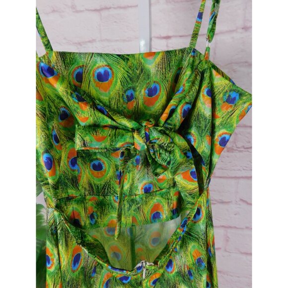 Peacock Feather Print Jumpsuit XS, Boho Festival Style, Adjustable Straps - Picture 8 of 12